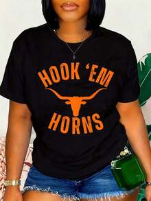 Texas Longhorns Hook 'Em Horns Women's College Football Jersey - White And Orange Logo Graphic Tee, Summer Casual Top, University Of Texas Fan Apparel - 黑色 - 查看 7