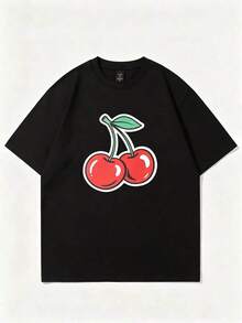 Camiseta vintage de corte holgado y transpirable, camiseta corta para mujer con estampado liso, estampado de cerezas, impresión por transferencia de calor, estilo Y2K, top corto sexy, camiseta corta de corte ajustado, adecuada para uso diario casual o looks de fiesta, con un estilo femenino juvenil y elegante, top estampado de manga corta, top básico versátil para el día a día. Moda - Negro 2 - Ver 1