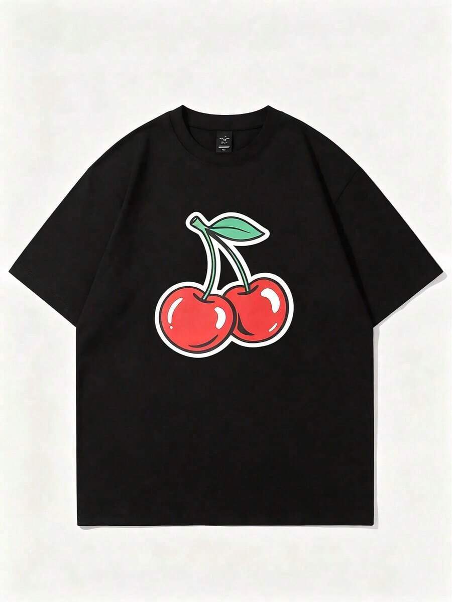 Camiseta vintage de corte holgado y transpirable, camiseta corta para mujer con estampado liso, estampado de cerezas, impresión por transferencia de calor, estilo Y2K, top corto sexy, camiseta corta de corte ajustado, adecuada para uso diario casual o looks de fiesta, con un estilo femenino juvenil y elegante, top estampado de manga corta, top básico versátil para el día a día. Moda - Negro 2 - Ver 1
