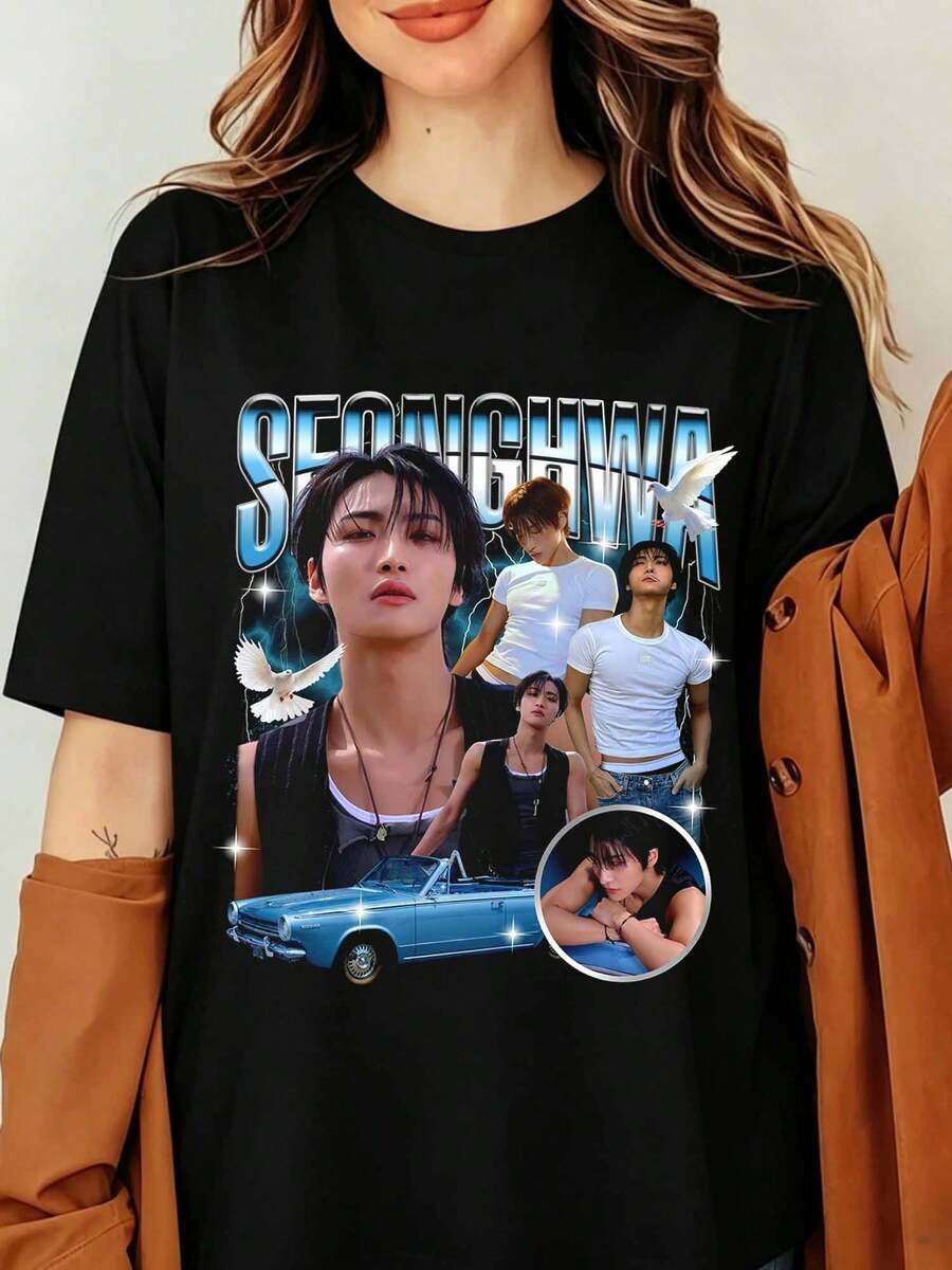 Seonghwa Ateezs T-Shirt, K-Pop Park Seonghwa Graphic Printed Vintage Tee, Seonghwa Ateezs Inspired Graphic Shirt, Ateezs Concert Retro T-Shirt, Ateezs World Tour Shirt, Shirt For Atiny, Unisex Graphic Shirt - 黑色 - 查看 1
