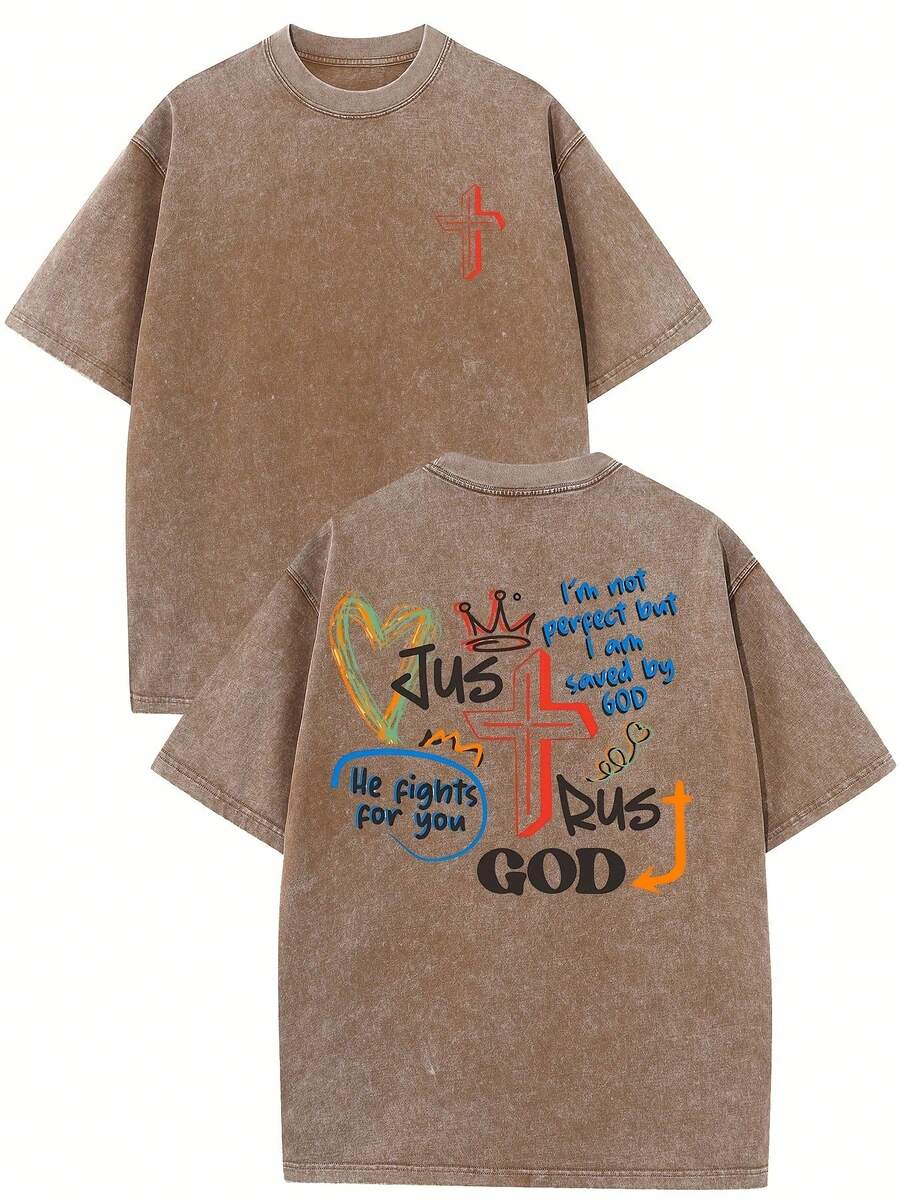 No soy perfecto, pero Dios me ha salvado. Camiseta de algodón estampada de alta calidad con efecto vintage. Camiseta para hombre. Ropa de verano de estilo antiguo. Mangas caídas. Cuello redondo. Manga corta - Camiseta unisex de algodón holgada de manga corta y cuello redondo estilo vintage urbano. - marrón café - Ver 1