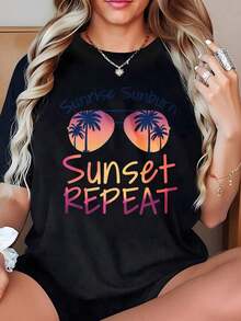 Plus Size T-Shirt With Floral Print, Floral Design With Daisies And Leaves, Vintage Wildflower Pattern, Perfect For Wearing Outdoors In Summer, Round Neck. - 黑色 4 - 查看 3