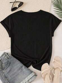Camiseta de talla grande con estampado floral, diseño floral con margaritas y hojas, patrón vintage de flores silvestres, perfecta para usar en exteriores en verano, cuello redondo. - Negro 5 - Ver 4