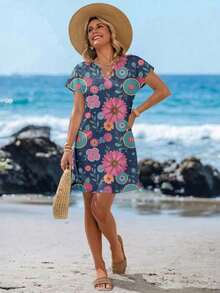 Vestido corto minimalista casual con cuello en V, adecuado para primavera y verano, ropa de verano para mujer, a rayas de colores, ropa de resort para mujer - Multicolor 9 - Ver 7