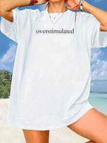 Comfortable Women's Summer Short T-Shirt With Letter Print And Round Neck, Summer Tops. - White - View 6