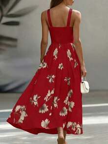 Vestido midi elegante con escote en V sin mangas y cintura ceñida, estampado de patchwork AB, adecuado para el trabajo y las vacaciones - Rojo - Ver 2