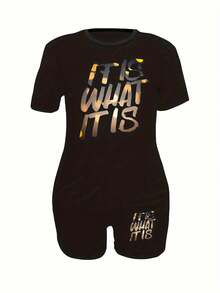 "It Is What It Is" Pinkish T-Shirt & Shorts Plus Size Sporty Set, Casual Lounge Wear, Summer Outfit, Women'S Comfort Fit, Streetwear Fashion, - 短褲 - 查看 2