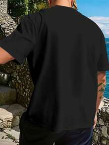 Women's Round Neck Short Sleeve T-Shirt With Multicolored Embroidered Flowers "My Life In The Sunshine" Casual - Black - View 3