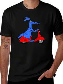 Men's Casual Blue Crew Neck T-Shirt With A Red Scooter Character Print, Designed For All Seasons And Themed Events. Loose And Comfortable Fit. - Black - View 6