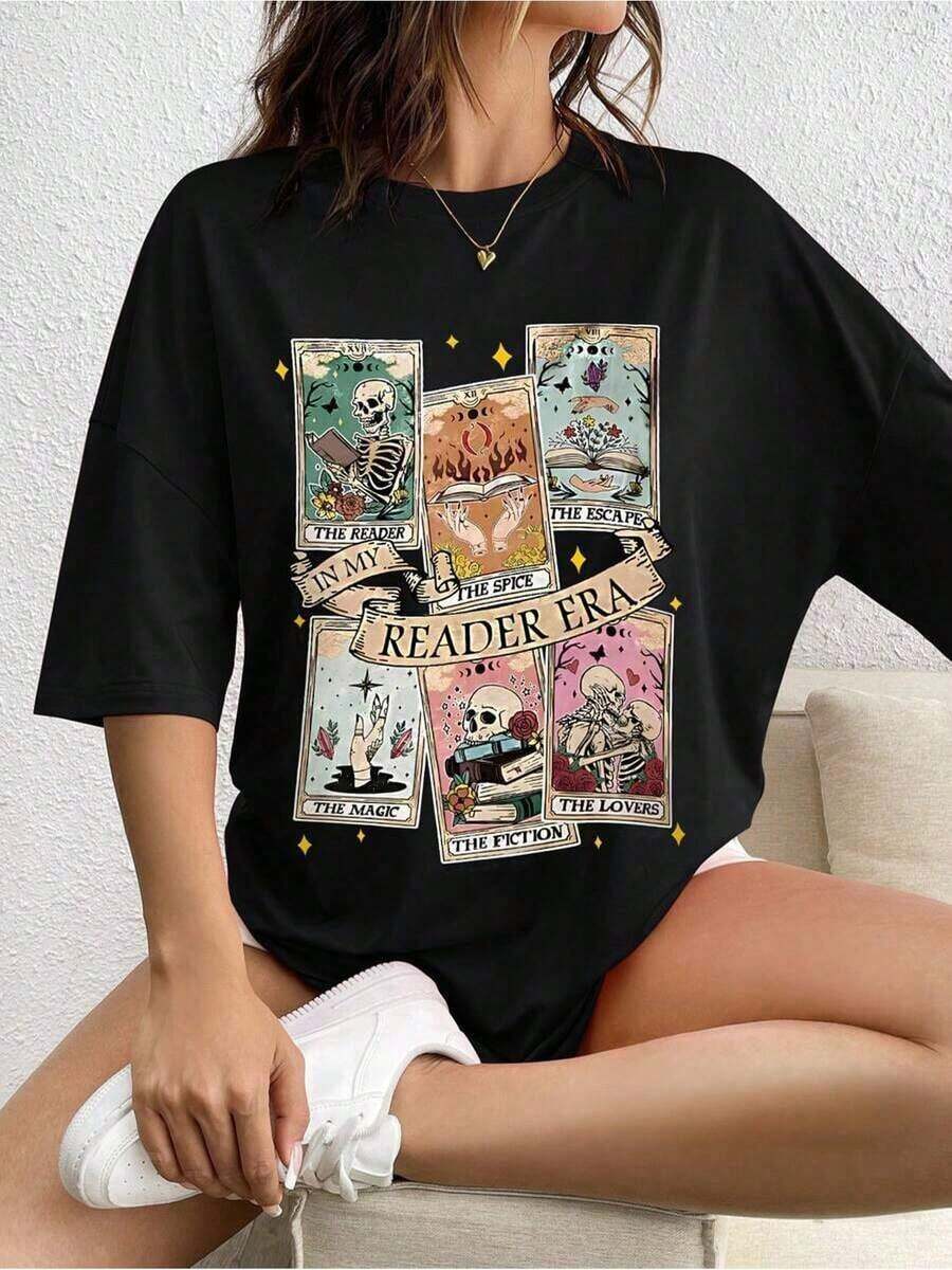 Camiseta de algodón con estampado casual de moda para mujer - Negro - Ver 1