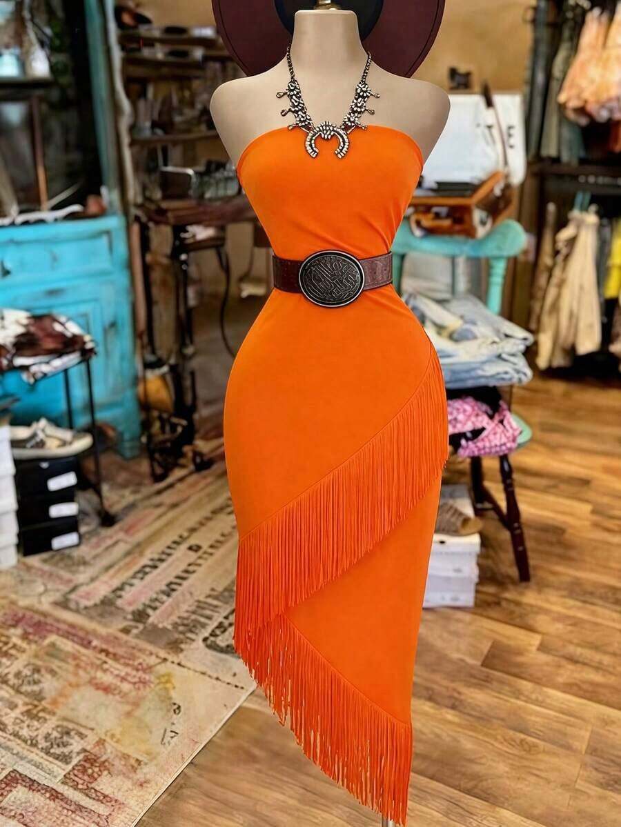 Vestido de mujer de moda con unicolor, volante asimétrico en el bajo y sin tirantes (cinturón no incluido) - Naranja Quemada - Ver 1