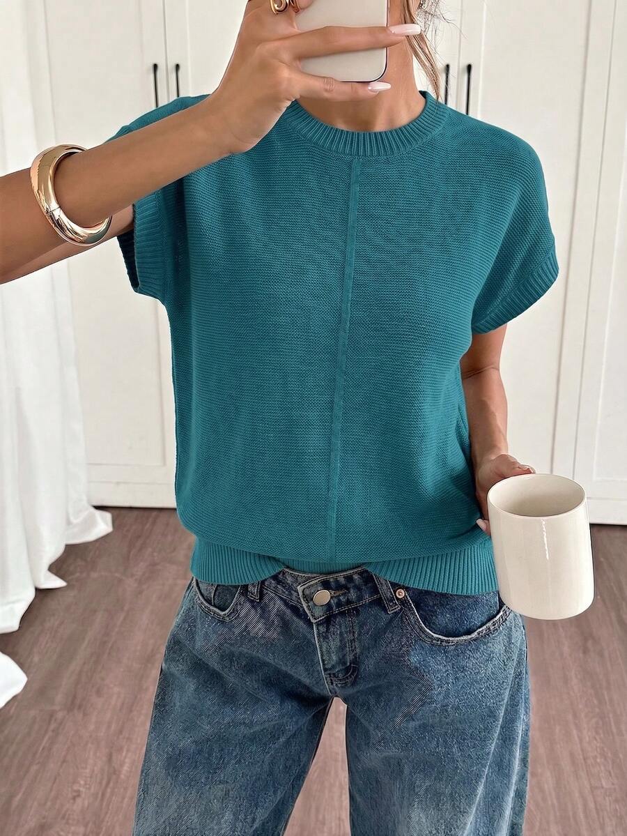 Elegant Women's Loose White Cropped Knit Vest - Casual Street Sleeveless Round Neck Shirt, Minimalist Retro Vintage Style, Suitable For Back To School Season, Autumn/Winter, Also For Christmas, Thanksgiving And New Year Occasions Vacation Beach Summer - Lake Blue - View 1