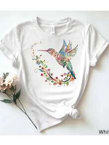 1 camiseta blanca de mujer: diseño colorido de colibrí y flores, 180g, 100% algodón - blanco - Ver 6