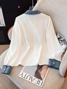 Camisa de efecto de mezclilla de parchwork casual para mujer, otoño/invierno - Blanco 3 - Ver 2