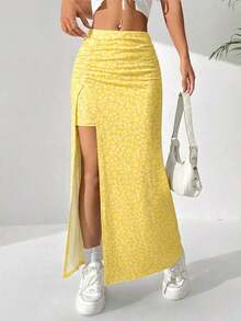Falda larga con diseño floral pequeño y abertura en el dobladillo - Amarillo 2 - Ver 7