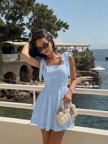 2026 HoloChill Women's Casual Solid Color Sleeveless Spaghetti Strap Dress, Summer Casual New Arrival Front Bow Tie Dress With Waist Ruching, Women's Summer Dress, Holiday Dress, Elegant Party Dress, Beach Dress, Wedding Guest Dress, Outdoor Outfit, Birthday Dress, Elegant Dress, Beach Vacation Dress, Casual Dress For Women - Blue - View 5