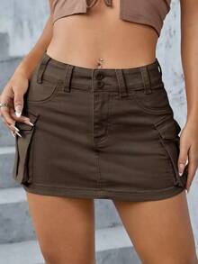 Minifalda de tela vaquera de tiro bajo, de moda para el verano - Café integral 2 - Ver 3