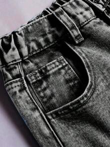Jeans cómodos de pierna ancha con cintura elástica, lazo y bordado, estilo de moda callejera para adolescentes - Gris Oscuro - Ver 5