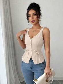 Nuevo Llegado para el Día de San Valentín 2025 Blusa de Tirantes con Cuello en V Profundo, Lazo en la Cintura y Moño para Mujer, Estilizante - Albaricoque - Ver 5