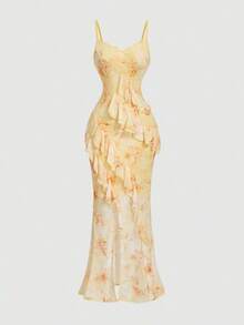 Vestido largo con abertura alta, cuello en V y volantes, con estampado de teñido anudado, vestidos de verano para mujer, vestidos en tonos pastel, vestido de fiesta, atuendo de fiesta, vestido de playa, atuendos de playa para mujer, vestidos ele - Amarillo - Ver 5