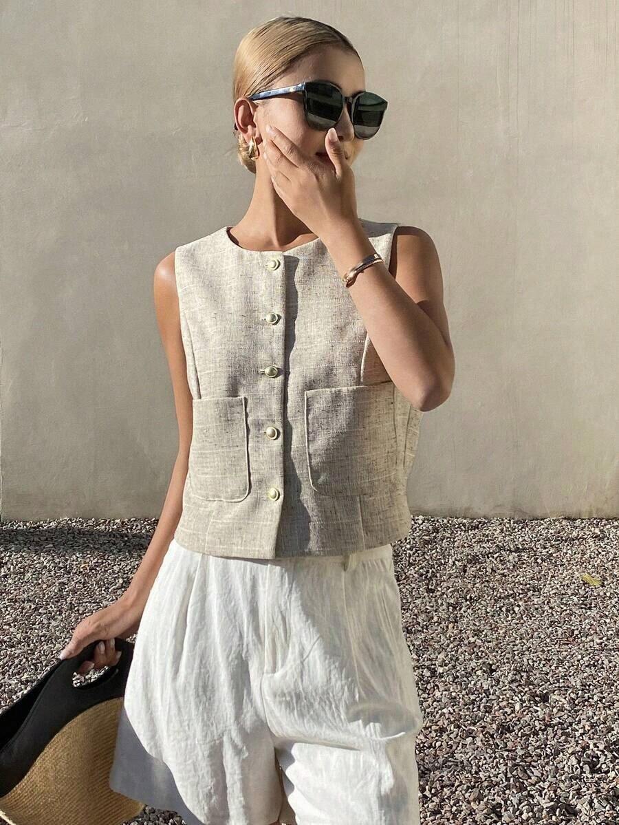 Chaqueta ajustada sin mangas de cuello redondo de unicolor para mujer, primavera y verano - Caqui - Ver 1