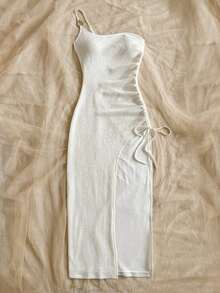 Vestido de mujer con textura de gofre tejido, diseño ajustado con abertura y cordón, adecuado para fiesta, cita, sexy, té de la tarde, playa, verano, festival de música, temporada de bodas - Albaricoque - Ver 5