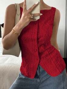 Blusa de verano informal de mujer de unicolor con textura y cierre de botones delantero - Rojo - Ver 8