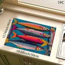 1 pieza Estera absorbente/secado con estampado de pescado salado para cafetera, vajilla - Estera protectora absorbente de poliéster para escritorio con almohadilla antideslizante de goma, para decoración de la cocina, bar en casa y mesa de comedor - Multicolor - Ver 7