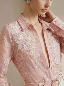 Blusa de manga larga para mujer con bordado floral delicado y decoración con cuentas, aplicación simétrica, nueva para primavera/verano - Rosa - Ver 12