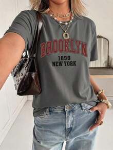 New Women's Short-Sleeved Crew Neck T-Shirt, Summer Design, With A Simple And Modern Letter Print, Breathable And Sweat-Wicking. Express Shipping From Local Warehouse, Couple's Style, Couple's Clothing - 深灰色 - 查看 3
