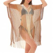 Beach Cover-Up With Mesh And Hollow-Out Design, Bikini Cover-Up, Sexy Sun Protection Shirt For Beach Vacations - Gold Gradient - View 8