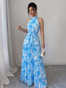 Vestido elegante y romántico con estampado floral, corte evasé y escote halter sin mangas para mujer - Multicolor 4 - Ver 5
