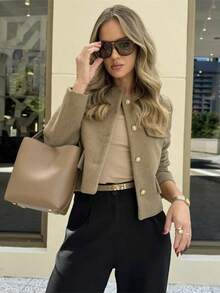 Chaqueta minimalista de mujer de unicolor con botones delanteros y mangas largas, elegante y casual, ligera para primavera y otoño, color negro - Caqui - Ver 2