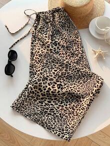 Pantalones Largos Para Mujer Con Estampado De Leopardo Y Cordón De Ajuste - Negro - Ver 11