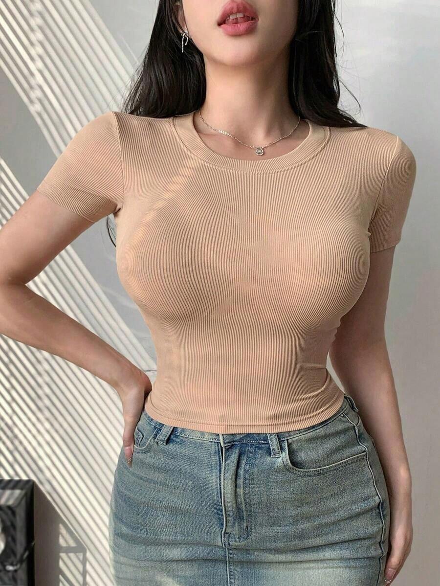Camiseta de manga corta de unicolor casual para mujer, verano - Camel - Ver 1
