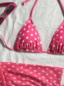 Swim Mod Conjunto de bikini de 3 piezas con estampado de lunares, escote halter y espalda con lazo, para vacaciones en la playa, atuendo de primavera, carnaval 2026, elegante, casual, traje de baño con falda - Rosa Fucsia - Ver 5