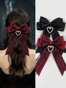 1 pieza Clip para el cabello con lazo de encaje negro & rojo estilo gótico lolita, con lazo de metal y strass, adecuado para uso diario, festivales, fiestas, compras, viajes, fotografía y cualquier ocasión. Un gran regalo para mejores amigas, fiestas, cumpleaños, pinzas de garra, clip para el cabello - Multicolor - Ver 7