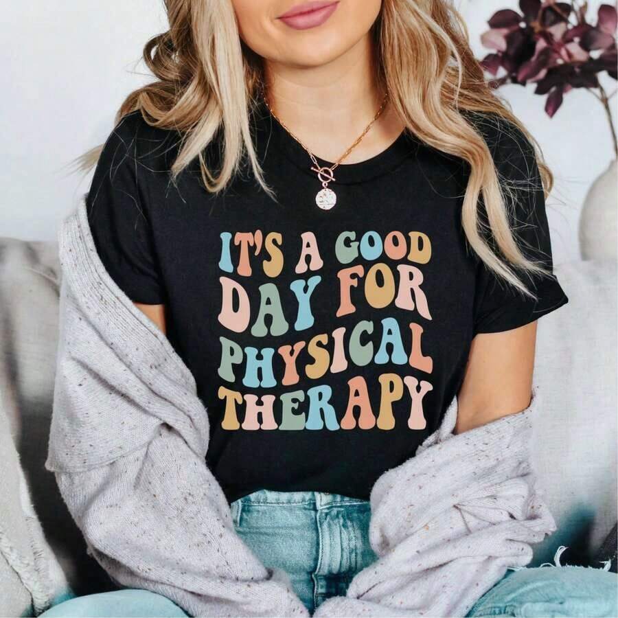 Camiseta Casual de Manga Corta para Estudiantes de Fisioterapia - Camiseta Casual de Manga Corta con Cuello Redondo para Mujer - Primavera y Verano - Ajuste Cómodo y Relajado, Camiseta con Estampado Gráfico para Amantes del Deporte, Adecuada Tanto para Hombres como para Mujeres - Negro - Ver 1