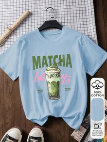 Blusa de verano de moda casual para mujer,% algodón, manga corta, estampado de matcha, camiseta gráfica, tela suave, ropa de algodón, top para exteriores, estampado, camiseta de verano, camiseta de mujer, blusa de verano, atuendo de vacaciones, estilo de viaje, ambiente de playa, ropa de resort minimalista - Blanco - Ver 5