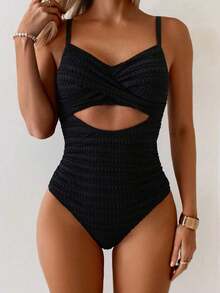 Traje de baño de una pieza sexy para mujer con rayas, escote delantero hueco y cordones en la espalda, para el verano - Negro - Ver 6