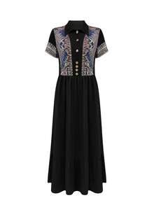 Plus Size Bohemian Western Print Patchwork Maxi Dress, Front Button Ruffle Hem Long Dress Elegant - Black - View 5