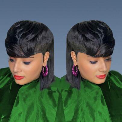 Tóc giả kiểu Mullet thanh lịch bằng tóc thật dành cho nữ, kiểu tóc Pixie Cut màu 1B, không có ren phía trước, kiểu tóc Mullet thập niên 80-90 có mái, mũ đội không cần keo, tóc thẳng, màu đen, tóc giả thay thế dùng hàng ngày.