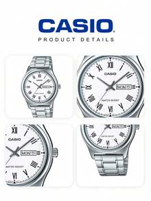 Casio 男士优雅仿石英正装腕表，白色表盘，黑色罗马数字时标，银色不锈钢表链，红色太阳日期显示窗，经典简约商务礼品 - 銀色 - 查看 8