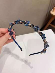 一款街头风优雅轻奢手工串珠深海蓝水钻发箍，搭配高端法式复古宴会头饰发饰 - 藍色 - 查看 7