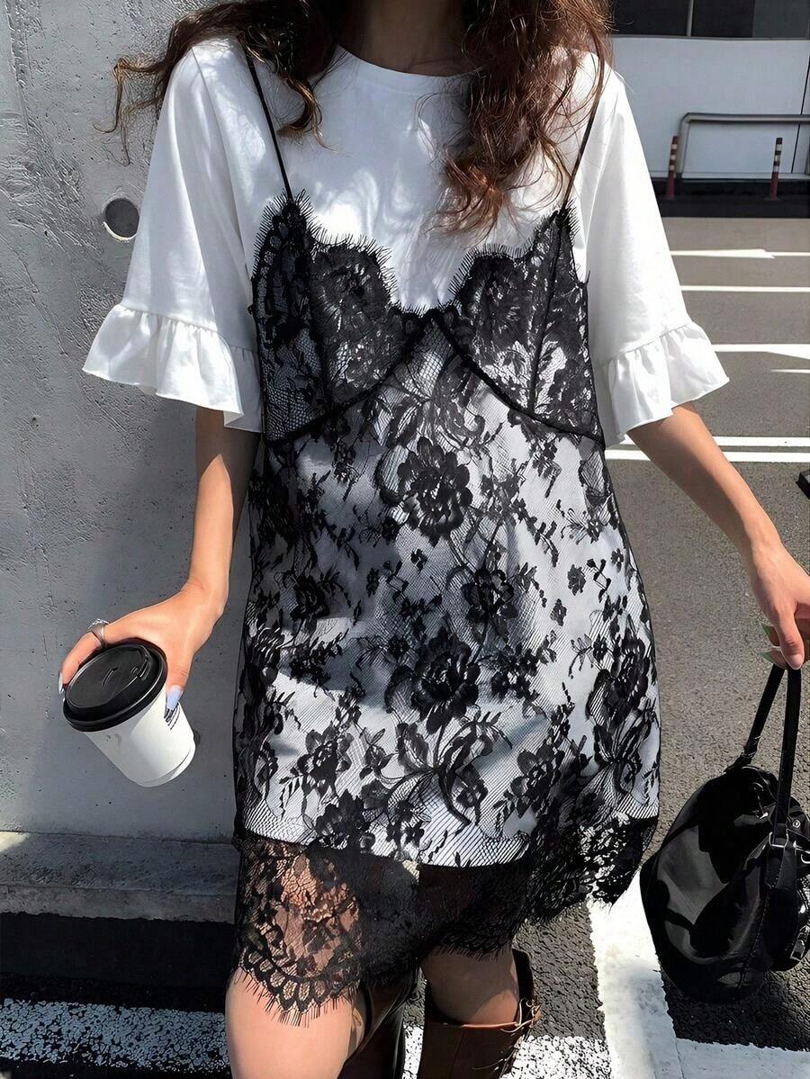 Vestido de verano de mujer de 2 en 1 con parches de encaje sin mangas y de manga corta - Blanco - Ver 1