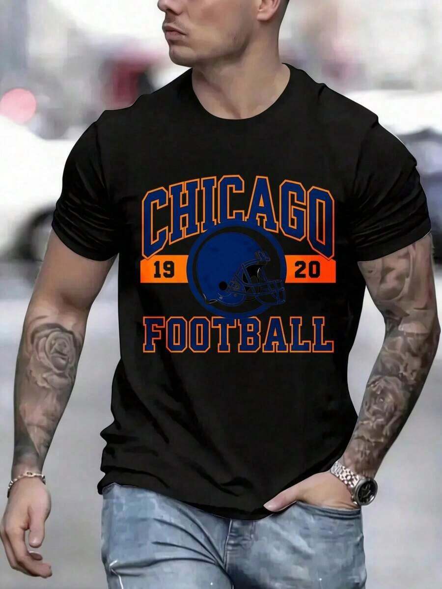 Nueva Camiseta Casual para Hombre, Diseño de Casco de Fútbol Americano de los Chicago 1920, Camiseta Negra, Ropa Deportiva Masculina, Camiseta Atlética, Ropa de Equipo, Artículos Populares Adecuados para Eventos Deportivos, Fiestas, Excursiones, Deportes y Otros Regalos Festivos - Negro - Ver 1