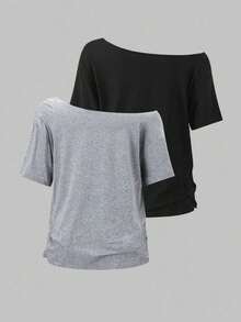 Camiseta blanca holgada con cuello asimétrico para mujer - Multicolor 4 - Ver 2