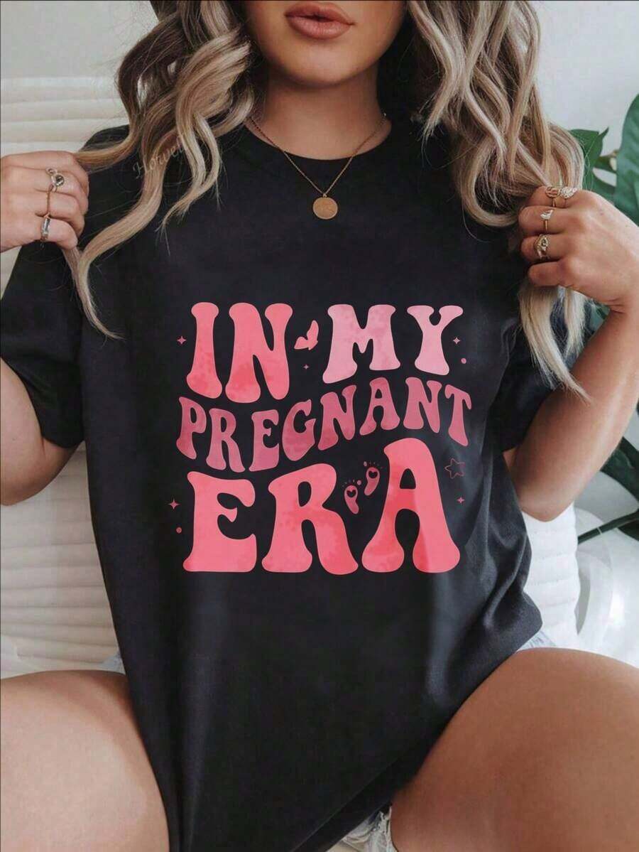 Camiseta Casual de Manga Corta para Mujer Estilo Vintage - Camiseta de Verano con Cuello Redondo "In My Pregnant Era", Lavable a Máquina, Camisetas para Damas, Ropa Casual, Aspecto Moderno, Ajuste Cómodo
-WhiteFashion - Negro - Ver 1