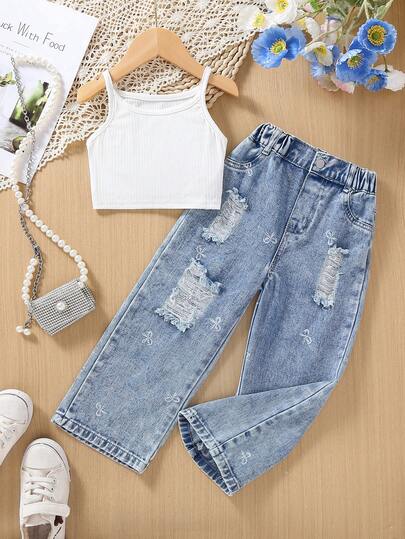 2pcs Girls Toddler Casual Outdoor Sports Camisole Top Paired With Distressed Pocket Straight Leg Denim Jeans Pants, Suitable For Outdoor Exercise