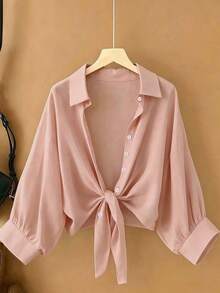 Nueva blusa de gasa de unicolor con chal corto casual de estilo de alas de murciélago para mujeres - Rosa vieja - Ver 6